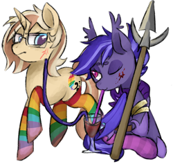 Size: 1140x1080 | Tagged: safe, artist:metaruscarlet, imported from derpibooru, oc, oc:lulubell, oc:night watch, bat pony, pony, unicorn, derpibooru community collaboration, 2023 community collab, annoyed, armor, bat pony oc, bedroom eyes, blood, blood on face, bracelet, clothes, cross-popping veins, drinking, drinking straw, duo, emanata, eyeshadow, female, freckles, glass, glasses, hoof shoes, jewelry, makeup, mare, one eye closed, rainbow socks, raised hoof, raised leg, simple background, sitting, socks, spear, striped socks, transparent background, tube, weapon, wine glass, wink