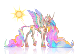 Size: 7016x4961 | Tagged: safe, artist:kisullkaart, imported from derpibooru, princess celestia, alicorn, pony, absurd resolution, celestia is not amused, colored wings, female, gradient wings, long mane, long tail, mare, raised leg, redesign, reflection, shy, simple background, skinny, solo, sun, tail, thin, unamused, white background, wings