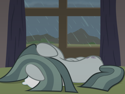 Size: 2000x1500 | Tagged: safe, artist:nitei, imported from derpibooru, marble pie, earth pony, pony, atg 2022, back, curled up, curtains, depressed, female, floppy ears, indoors, looking out the window, lying down, mare, newbie artist training grounds, on side, pillow, rain, rock farm, sad, show accurate, solo, window