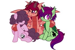 Size: 3000x2000 | Tagged: safe, artist:mxmx fw, imported from derpibooru, oc, oc only, oc:flare blaze, oc:midnight ray, oc:stripe, bat pony, bat pony unicorn, dracony, dragon, hybrid, pegasus, pony, unicorn, derpibooru community collaboration, 2023 community collab, bat wings, claws, curly hair, disguise, disguised siren, emo, female, horn, horns, looking at you, male, show accurate, simple background, sitting, smiling, smiling at you, transparent background, trio, wings