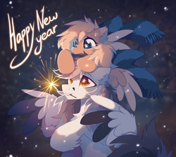 Size: 1900x1700 | Tagged: safe, artist:mirtash, imported from derpibooru, oc, oc only, oc:keji, oc:mirta whoowlms, pegasus, pony, blue eyes, chest fluff, clothes, ear fluff, female, fluffy, happy new year, holiday, kejitash, looking up, mare, oc x oc, pegasus oc, raised hoof, scarf, shipping, sparkler (firework), spread wings, tail, tooth, wings, yellow eyes