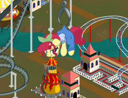 Size: 2000x1528 | Tagged: safe, artist:nitei, imported from derpibooru, torque wrench, earth pony, pony, amusement park, atg 2022, bandana, bridge, carousel, claw, clothes, crossover, dangling, female, frown, game mechanics, hanging, helter skelter, mare, mechanic, merry-go-round, newbie artist training grounds, overalls, path, river, roller coaster, rollercoaster tycoon, rollercoaster tycoon 2, shirt, show accurate, slide, solo, suspended, torque wrench is not amused, unamused, video game crossover, water