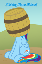 Size: 1301x2000 | Tagged: safe, artist:nitei, imported from derpibooru, rainbow dash, pegasus, pony, atg 2022, barrel, cider, cider dash, descriptive noise, female, horse noises, licking, mare, newbie artist training grounds, on head, show accurate, silly, silly pony, sitting, solo, that pony sure does love cider, tongue out