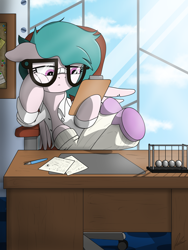 Size: 3000x4000 | Tagged: safe, artist:flaremoon, imported from derpibooru, oc, oc only, oc:hazy breeze, pegasus, pony, chair, clipboard, clothes, desk, glasses, hooves on the table, lab coat, office, office chair, pegasus oc, slippers, socks, window