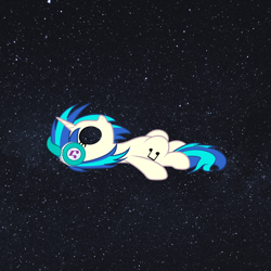 Size: 2000x2000 | Tagged: safe, artist:kai pilger, artist:nitei, imported from derpibooru, dj pon-3, vinyl scratch, pony, unicorn, atg 2022, empty eyes, female, headphones, high res, i can see forever, lost in thought, lying down, mare, newbie artist training grounds, on back, real life background, show accurate, solo, space, stars