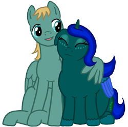 Size: 1300x1292 | Tagged: safe, imported from derpibooru, oc, oc only, oc:dusklight blossom, oc:strix, alicorn, pegasus, pony, derpibooru community collaboration, 2023 community collab, alicorn oc, fat, horn, hug, love, pegasus oc, simple background, special somepony, transparent background, winghug, wings