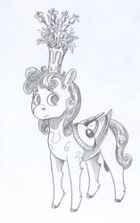 Size: 557x885 | Tagged: safe, artist:adeptus-monitus, imported from derpibooru, oc, pony, flower, monochrome, solo, traditional art
