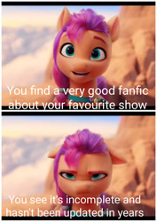 Size: 1037x1468 | Tagged: safe, edit, edited screencap, imported from derpibooru, screencap, sunny starscout, earth pony, pony, spoiler:my little pony: a new generation, caption, fanfic, g5, image macro, meme, my little pony: a new generation, relatable, sunny starscout is not amused, text, unamused