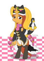 Size: 1441x1981 | Tagged: safe, artist:terminalhash, imported from derpibooru, bird, penguin, pony, unicorn, bipedal, clothes, hat, horn, linux, mawaru penguindrum, ponified, simple background, smiling, smirk, solo, stockings, thigh highs, tux, unicorn oc, vector