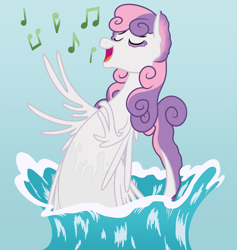 Size: 1775x1875 | Tagged: safe, artist:nitei, imported from derpibooru, sweetie belle, kelpie, eyes closed, female, kelpiefied, music notes, open mouth, open smile, show accurate, singing, smiling, solo, species swap, splash, water