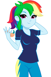 Size: 859x1283 | Tagged: safe, artist:rosemile mulberry, imported from derpibooru, rainbow dash, human, equestria girls, arm behind head, clothes, female, jewelry, looking at you, ring, shirt, simple background, solo, t-shirt, uniform, updated design, white background, wonderbolts uniform
