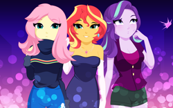 Size: 1928x1200 | Tagged: safe, artist:rosemile mulberry, imported from derpibooru, fluttershy, starlight glimmer, sunset shimmer, human, equestria girls, abstract background, alternate hairstyle, bare shoulders, breasts, cleavage, clothes, ear piercing, earring, female, gradient background, implied twilight sparkle, jewelry, looking at you, looking away, looking up, necklace, piercing, short hair, sleeveless, smiling, strapless, trio, turtleneck