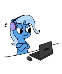 Size: 624x749 | Tagged: safe, artist:beepbeep, imported from derpibooru, trixie, pony, unicorn, computer, cross-popping veins, emanata, female, headphones, laptop computer, mare, simple background, solo, white background