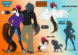 Size: 1600x1139 | Tagged: safe, artist:sunny way, imported from derpibooru, oc, oc only, oc:steven saidon, oc:sunny way, anthro, horse, pegasus, pony, unicorn, brother and sister, clothes, female, gradient background, male, mare, multiple variants, nudity, reference, reference sheet, siblings, smiling, stallion