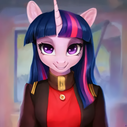 Size: 1080x1080 | Tagged: safe, imported from derpibooru, twilight sparkle, anthro, ai content, ai generated, clothes, female, generator:purplesmart.ai, generator:stable diffusion, looking at you, smiling, smiling at you, solo