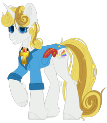 Size: 2194x2500 | Tagged: safe, artist:medkit, imported from derpibooru, oc, oc only, oc:guiding light, pony, unicorn, derpibooru community collaboration, 2023 community collab, ankh, big eyes, blue eyes, clothes, curly hair, ear fluff, eyes open, feather, female, fluffy, gem, gold, happy, high res, horn, horseshoes, jacket, jewelry, light dispersion, long tail, looking at you, mare, paint tool sai 2, pendant, pocket, rainbow, raised hoof, rolled up sleeves, ruby, shirt, short mane, simple background, sketch, smiling, solo, standing, tail, teeth, transparent background, unicorn oc
