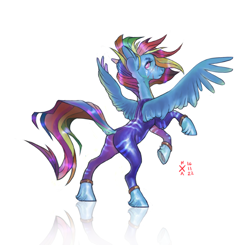 Size: 6352x6223 | Tagged: safe, artist:kisullkaart, imported from derpibooru, rainbow dash, pegasus, pony, back, blue, butt, clothes, commissions open, female, hoof fluff, plot, redesign, simple background, slim, solo, sternocleidomastoid, suit, thin, underhoof, white background, wings