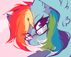 Size: 515x417 | Tagged: safe, artist:mirtash, imported from derpibooru, rainbow dash, pegasus, pony, blushing, cute, dashabetes, ear fluff, egghead, egghead dash, female, floppy ears, frown, glasses, gradient background, lidded eyes, looking at you, mare, solo, spread wings, wing fluff, wings