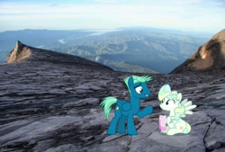 Size: 1598x1080 | Tagged: safe, imported from derpibooru, sky stinger, vapor trail, pegasus, pony, female, irl, malaysia, male, mare, mount kinabalu, mountain, photo, ponies in real life, sabah, shipping, stallion, straight, vaporsky