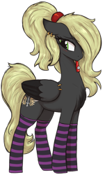 Size: 1398x2310 | Tagged: safe, artist:t72b, imported from derpibooru, oc, oc only, oc:veen sundown, pegasus, pony, derpibooru community collaboration, 2023 community collab, blushing, clothes, ear piercing, earring, female, floppy ears, jewelry, kazoo, mare, mouth hold, musical instrument, pegasus oc, piercing, shy, simple background, socks, solo, striped socks, sundown clan, transparent background, wing piercing, wings