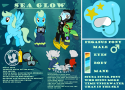 Size: 5555x4000 | Tagged: safe, artist:akififi, imported from derpibooru, oc, oc:sea glow, pegasus, pony, air tank, cutie mark, dive gear, dive mask, drysuit, flippers (gear), goggles, logo, logo parody, pegasus oc, reference sheet, scuba gear, wetsuit