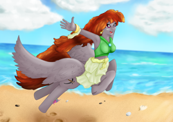 Size: 4960x3508 | Tagged: safe, artist:avacz, imported from derpibooru, oc, oc only, oc:funny jo, anthro, centaur, taur, equestria girls, beach, bracelet, centaur oc, clothes, cloud, cloudy, cute, female, flowing hair, flowing mane, happy, heterochromia, jewelry, jumping, mare, ocean, scar, skirt, smiling, solo, spread wings, swimsuit, water, wings