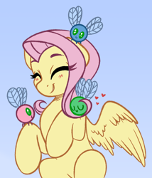 Size: 1590x1854 | Tagged: safe, artist:vetta, imported from derpibooru, fluttershy, parasprite, pegasus, pony, blue background, cute, eyes closed, female, floating heart, heart, mare, shyabetes, simple background, smiling, solo