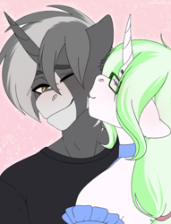 Size: 2498x3269 | Tagged: safe, artist:enderbee, imported from derpibooru, oc, anthro, pony, unicorn, blushing, cheek kiss, colored, commission, couple, flat colors, glasses, kissing, love, multicolored hair, oc x oc, shipping, simple background, smiling, ych result