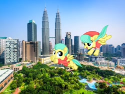 Size: 1432x1080 | Tagged: safe, artist:cheezedoodle96, edit, imported from derpibooru, barley barrel, pickle barrel, pegasus, pony, barrel twins, brother and sister, colt, female, filly, flying, foal, irl, kuala lumpur, malaysia, male, photo, ponies in real life, siblings, twins
