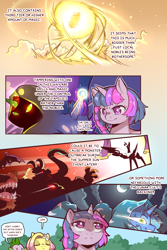 Size: 960x1440 | Tagged: safe, artist:cold-blooded-twilight, imported from derpibooru, fluttershy, princess celestia, spike, twilight sparkle, dragon, pegasus, pony, unicorn, cold blooded twilight, comic:cold storm, alternate design, clothes, comic, dialogue, eyes closed, fangs, female, flower, flower in hair, glowing, glowing eyes, magic, mare, monster, robes, speech bubble, thinking