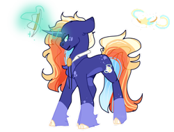 Size: 1280x973 | Tagged: safe, artist:420bees, imported from derpibooru, oc, oc only, pony, unicorn, bolo tie, cloven hooves, glowing, glowing horn, hat, horn, levitation, magic, offspring, parent:big macintosh, parent:trixie, parents:trixmac, simple background, solo, telekinesis, transparent background, unicorn oc