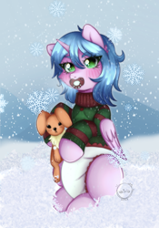 Size: 1640x2344 | Tagged: safe, artist:vaiola, imported from derpibooru, oc, oc only, alicorn, pony, alicorn oc, big eyes, blushing, christmas, christmas sweater, clothes, cold, commission, cute, diaper, diaper fetish, diapered, eyebrows, female, fetish, full body, happy, holiday, horn, looking at you, mare, mountain, non-baby in diaper, pacifier, plushie, snow, snowfall, snowflake, solo, sweater, tail, white diaper, wings, winter, ych result, your character here