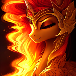 Size: 1920x1920 | Tagged: safe, editor:mr-bat, imported from derpibooru, daybreaker, alicorn, pony, ai content, ai generated, armor, breastplate, crown, embers, eyes closed, female, fire, generator:stable diffusion, gold mane, horn, jewelry, mane of fire, mare, pleased, regalia, sexy, simple background, smiling, solo