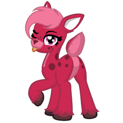 Size: 1200x1200 | Tagged: safe, artist:antonsfms, imported from derpibooru, oc, oc only, oc:rosaline the deer, deer, deer pony, original species, pony, derpibooru community collaboration, 2023 community collab, butt, deer oc, doe, female, looking at you, non-pony oc, one eye closed, plot, raised hoof, simple background, solo, tongue out, transparent background