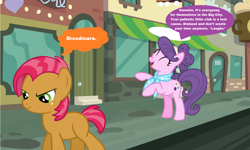 Size: 1416x852 | Tagged: safe, artist:melisareb, artist:swiftgaiathebrony, imported from derpibooru, babs seed, suri polomare, earth pony, pony, duo, female, filly, foal, go to sleep suri polomare, manehattan, speech bubble, street