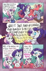 Size: 750x1152 | Tagged: safe, artist:katiecandraw, idw, imported from derpibooru, rarity, sweetie belle, pony, unicorn, spoiler:comic, spoiler:comic100, clothes, comic, dialogue, dress, duo, female, filly, foal, g4, glowing, glowing horn, horn, levitation, magic, mare, onomatopoeia, rarity is not amused, season 10, sewing, sewing machine, siblings, sisters, speech bubble, telekinesis, the cmc's cutie marks, unamused