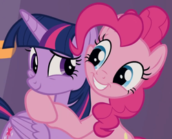 Size: 1102x895 | Tagged: safe, imported from derpibooru, screencap, pinkie pie, twilight sparkle, alicorn, earth pony, pony, season 9, the summer sun setback, spoiler:s09, bipedal, cropped, cute, diapinkes, duo, duo female, female, happy, hug, mare, smiling, twiabetes, twilight sparkle (alicorn)