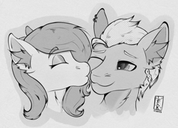 Size: 1681x1211 | Tagged: safe, artist:levinerex, imported from derpibooru, oc, oc only, pony, black and white, bust, duo, ear fluff, grayscale, kissing, manga style, monochrome, portrait