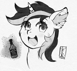 Size: 977x892 | Tagged: safe, artist:levinerex, imported from derpibooru, oc, oc:blackjack, pony, unicorn, fallout equestria, fallout equestria: project horizons, alcohol, black and white, bust, ear fluff, fanfic art, grayscale, horn, manga style, monochrome, open mouth, open smile, portrait, smiling, solo, unicorn oc, whiskey