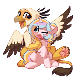 Size: 1273x1273 | Tagged: safe, artist:oofycolorful, artist:vistamage, derpibooru exclusive, imported from derpibooru, oc, oc only, oc:oofy colorful, oc:vistamage, griffon, pony, unicorn, derpibooru community collaboration, 2023 community collab, couple, cute, duo, female, griffon oc, horn, male, oc x oc, oofymage, open mouth, open smile, paw pads, shipping, simple background, smiling, straight, transparent background, unicorn oc