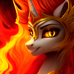 Size: 1920x1920 | Tagged: safe, editor:mr-bat, imported from derpibooru, daybreaker, alicorn, pony, ai content, ai generated, armor, bust, crown, eyebrows, female, generator:stable diffusion, golden eyes, grin, horn, jewelry, looking at you, mane of fire, mare, regalia, sexy, slit pupils, smiling, smiling at you, solo