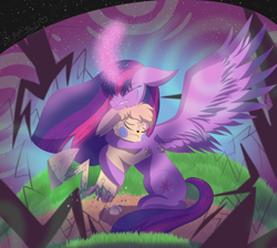 Size: 1280x1146 | Tagged: safe, artist:brybrychan, imported from derpibooru, twilight sparkle, oc, alicorn, pikachu, pony, crumbling, crying, duo, female, hug, mare, outdoors, pokémon, sad, story included, twilight sparkle (alicorn)