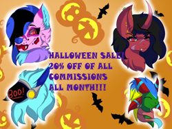 Size: 1280x960 | Tagged: safe, artist:brybrychan, imported from derpibooru, oc, cyborg, unicorn, wolf, advertisement, commission info, curved horn, halloween, holiday, horn, jack-o-lantern, protogen, pumpkin, unicorn oc