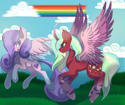 Size: 1280x1069 | Tagged: safe, artist:brybrychan, imported from derpibooru, oc, oc only, alicorn, pegasus, alicorn oc, coat markings, colored wings, curved horn, duo, female, horn, mare, outdoors, pegasus oc, rainbow, socks (coat markings), two toned wings, wings