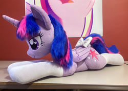 Size: 2362x1668 | Tagged: safe, artist:qtpony, imported from derpibooru, twilight sparkle, alicorn, pony, bow, clothes, heart, heart eyes, irl, lying down, photo, plushie, prone, socks, solo, sploot, tail, tail bow, twilight sparkle (alicorn), wingding eyes