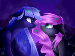 Size: 2828x2121 | Tagged: safe, artist:prettyshinegp, imported from derpibooru, oc, oc only, oc:deep sky, oc:elly, bat pony, earth pony, pony, duo, earth pony oc, eye contact, female, floppy ears, leaf, leaves, looking at each other, looking at you, mare, story included