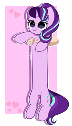 Size: 2406x4200 | Tagged: safe, artist:kittyrosie, imported from derpibooru, starlight glimmer, human, pony, unicorn, blushing, cute, cuteness overload, duo, female, glimmerbetes, heart, high res, holding a pony, long glimmer, long pony, longcat, mare, meme, offscreen character, ponified meme, signature, smiling, solo focus, wat