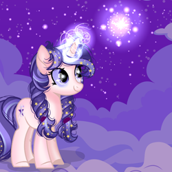 Size: 2048x2048 | Tagged: safe, artist:harmonyvitality-yt, imported from derpibooru, oc, oc only, oc:starfall spectrum, pony, unicorn, base used, ethereal mane, female, glowing, glowing horn, horn, magic, mare, night, solo, starry mane, stars, telekinesis, unicorn oc