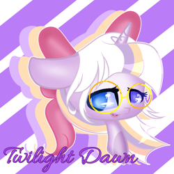 Size: 2048x2048 | Tagged: safe, artist:harmonyvitality-yt, imported from derpibooru, oc, oc only, oc:twilight dawn, pony, unicorn, abstract background, base used, bow, eyelashes, female, glasses, hair bow, horn, mare, solo, unicorn oc