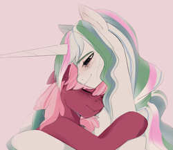 Size: 1815x1572 | Tagged: safe, artist:aztrial, imported from derpibooru, cheerilee, princess celestia, alicorn, earth pony, pony, alternate hairstyle, cheeribetes, cheerilestia, cute, cutelestia, duo, eyes closed, feels, female, horn, hug, lesbian, mare, messy mane, shipping, simple background, white background